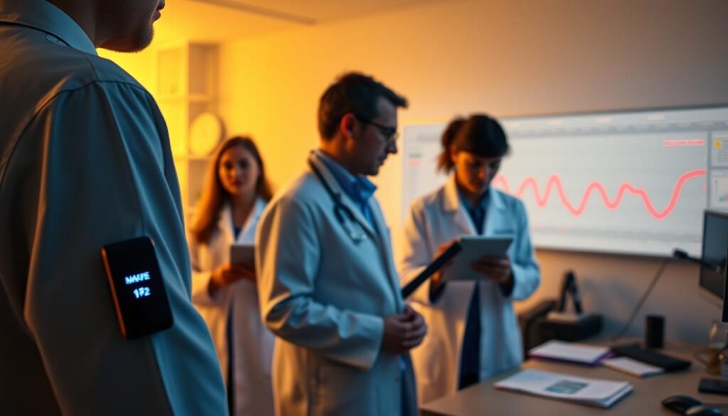 A bustling research laboratory, with scientists studying the effects of physical activity on human health. In the foreground, a participant wears a sleek, EasyFitnessTip fitness tracker, its LED display illuminating the data captured from their movements. In the middle ground, researchers pore over charts and graphs, analyzing the collected data, their faces lit by the soft glow of computer screens. In the background, a wall-mounted timeline tracks the progress of the study, the latest data points neatly charted. Warm lighting casts a sense of diligence and discovery, as the team works to uncover the secrets of how simple daily steps can dramatically reduce the risk of cancer.
