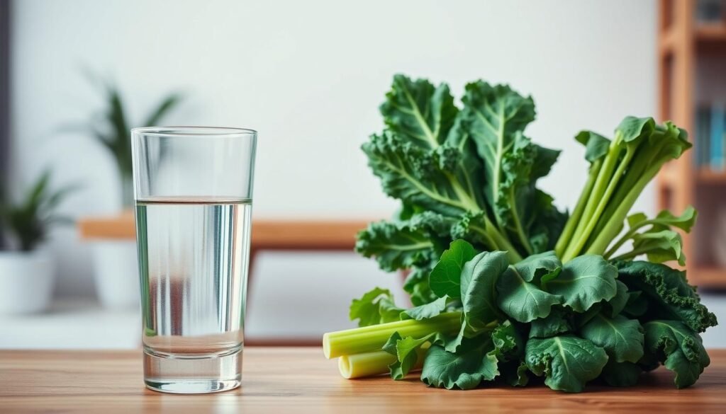 A clean, well-lit interior space with a modern, minimalist aesthetic. In the foreground, a clear glass of water takes center stage, its transparency allowing the viewer to see the vitality-enhancing liquid within. Positioned alongside the glass, an array of fresh, vibrant greens - leafy kale, crisp celery, and verdant spinach - symbolizing the importance of hydration and nutrient-rich foods for spinal health and recovery. In the middle ground, a wooden table or surface provides a sturdy, natural backdrop, while the background features a serene, softly-lit environment, perhaps with a hint of natural light filtering in through a window, creating a calming, restorative atmosphere.