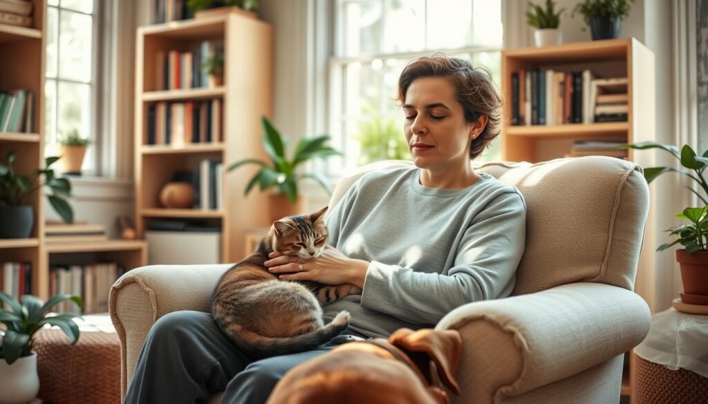 A cozy, sun-dappled living room, with a plush armchair where a person sits peacefully, surrounded by their beloved pets. The person's expression is serene, their gaze soft and introspective, as they gently stroke the fur of a cat curled up in their lap and a dog resting at their feet. The room is filled with natural light, casting a warm, soothing glow and lending an air of tranquility. Shelves lined with books and houseplants create a sanctuary-like atmosphere, inviting a sense of wholeness and inner calm. The overall scene conveys a holistic approach to mental wellness, where the presence and companionship of pets play a fundamental role in promoting balance, mindfulness, and emotional well-being. A cozy, sun-dappled living room, with a plush armchair where a person sits peacefully, surrounded by their beloved pets. The person's expression is serene, their gaze soft and introspective, as they gently stroke the fur of a cat curled up in their lap and a dog resting at their feet. The room is filled with natural light, casting a warm, soothing glow and lending an air of tranquility. Shelves lined with books and houseplants create a sanctuary-like atmosphere, inviting a sense of wholeness and inner calm. The overall scene conveys a holistic approach to mental wellness, where the presence and companionship of pets play a fundamental role in promoting balance, mindfulness, and emotional well-being.