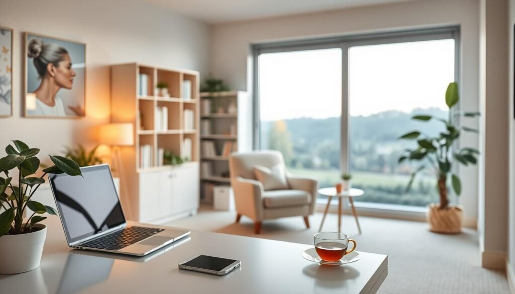 A cozy, well-lit office setting with a calming, pastel color palette. In the foreground, a desk with a laptop, smartphone, and a potted plant, symbolizing the integration of technology and nature. In the middle ground, a comfortable armchair and a side table with a cup of tea, creating a relaxing atmosphere. In the background, a bookshelf and a large window overlooking a serene, outdoor landscape, enhancing the sense of tranquility. The overall mood is one of warmth, comfort, and emotional support, reflecting the power of AI chatbots and virtual therapists to provide personalized, empathetic assistance. A cozy, well-lit office setting with a calming, pastel color palette. In the foreground, a desk with a laptop, smartphone, and a potted plant, symbolizing the integration of technology and nature. In the middle ground, a comfortable armchair and a side table with a cup of tea, creating a relaxing atmosphere. In the background, a bookshelf and a large window overlooking a serene, outdoor landscape, enhancing the sense of tranquility. The overall mood is one of warmth, comfort, and emotional support, reflecting the power of AI chatbots and virtual therapists to provide personalized, empathetic assistance.