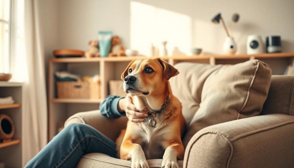 A cozy, well-lit room where a person sits on a plush armchair, petting their affectionate dog. The dog's expression is calming and attentive, conveying a sense of comfort and companionship. Soft, natural lighting filters through a window, casting a warm glow on the scene. In the background, shelves display various pet care items, such as toys, treats, and a calming diffuser, suggesting a thoughtful approach to pet well-being. The overall atmosphere is serene and inviting, reflecting the soothing benefits of pet ownership on mental health. A cozy, well-lit room where a person sits on a plush armchair, petting their affectionate dog. The dog's expression is calming and attentive, conveying a sense of comfort and companionship. Soft, natural lighting filters through a window, casting a warm glow on the scene. In the background, shelves display various pet care items, such as toys, treats, and a calming diffuser, suggesting a thoughtful approach to pet well-being. The overall atmosphere is serene and inviting, reflecting the soothing benefits of pet ownership on mental health.