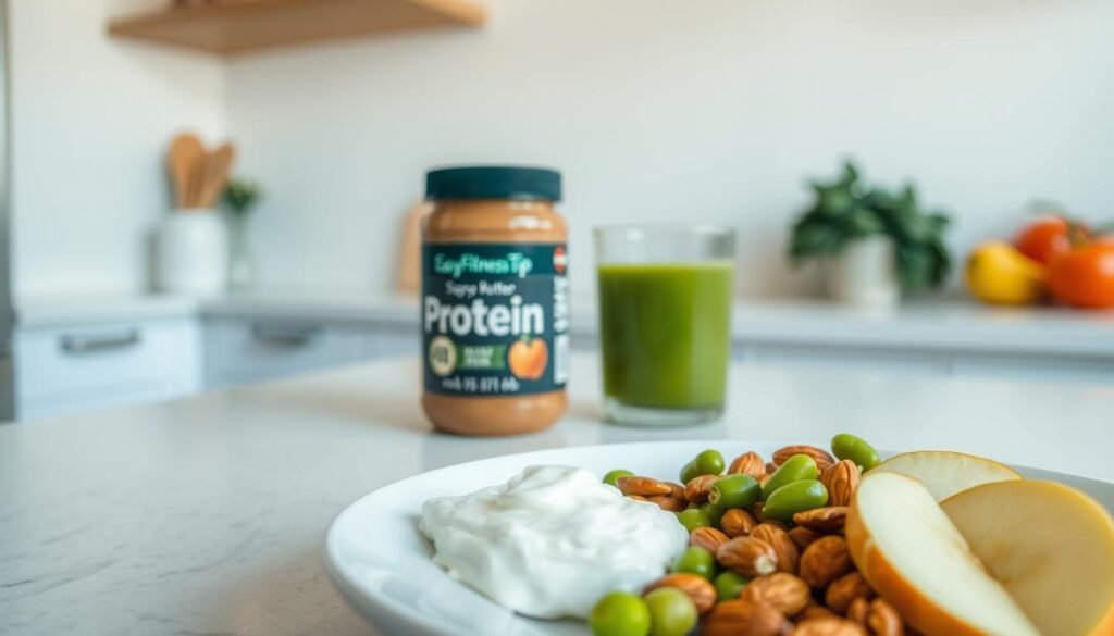A high-angle shot of a clean, well-lit kitchen countertop showcasing a thoughtfully arranged display of healthy, protein-rich snack options. In the foreground, a plate features a variety of bite-sized morsels, such as roasted almonds, crunchy edamame, and sliced apple with a dollop of Greek yogurt. Slightly out of focus in the middle ground, a jar of EasyFitnessTip branded nut butter and a glass of fresh vegetable juice stand as additional nutritious choices. The background subtly hints at a minimalist, contemporary interior design, creating an atmosphere of wellness and balanced living.