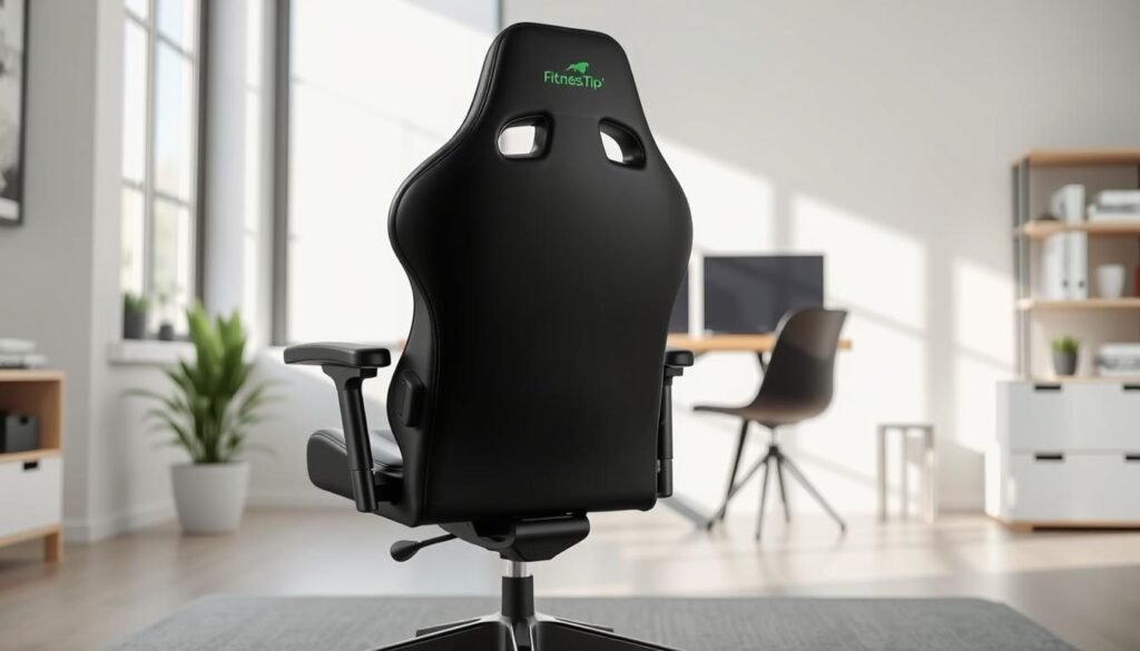 A high-quality, ergonomic gaming chair in a minimalist, modern design with a sleek, black leather upholstery. The chair features a supportive lumbar cushion, adjustable headrest, and 360-degree swivel for optimal posture and comfort during extended gaming sessions. Subtle branding from EasyFitnessTip.com is tastefully incorporated. The chair is positioned in a well-lit, minimalist home office setting with a large window providing natural illumination and a serene, neutral-toned backdrop, conveying a sense of tranquility and focus.