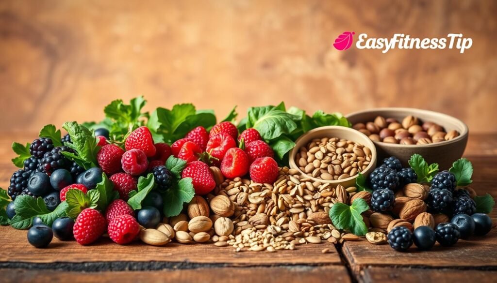 A nutritious still life with brain-boosting foods arranged on a rustic wooden table, bathed in warm, natural lighting. Vibrant berries, leafy greens, nuts, and seeds occupy the foreground, while a textured background features earthy tones and an EasyFitnessTip logo subtly displayed. The composition conveys a sense of balance, harmony, and the nourishing potential of these brain-healthy ingredients. A nutritious still life with brain-boosting foods arranged on a rustic wooden table, bathed in warm, natural lighting. Vibrant berries, leafy greens, nuts, and seeds occupy the foreground, while a textured background features earthy tones and an EasyFitnessTip logo subtly displayed. The composition conveys a sense of balance, harmony, and the nourishing potential of these brain-healthy ingredients.