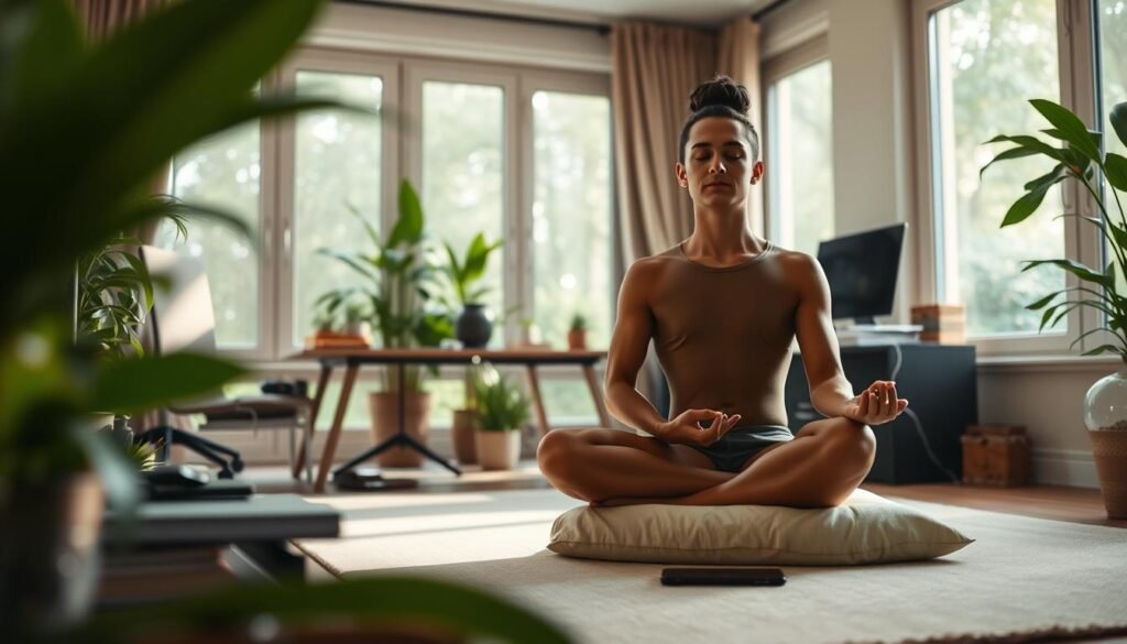 A peaceful home office with a meditating figure sitting cross-legged on a cushion, surrounded by lush greenery and natural light filtering through large windows. The figure's expression is one of serenity and focus, despite the distractions of a cluttered desk and a smartphone nearby. Soft, diffused lighting casts a calming glow, and the EasyFitnessTip logo is subtly integrated into the background. The scene conveys the challenges of maintaining mindfulness in a modern, technology-driven environment, yet the figure's tranquil pose suggests the power of inner focus to overcome such obstacles. A peaceful home office with a meditating figure sitting cross-legged on a cushion, surrounded by lush greenery and natural light filtering through large windows. The figure's expression is one of serenity and focus, despite the distractions of a cluttered desk and a smartphone nearby. Soft, diffused lighting casts a calming glow, and the EasyFitnessTip logo is subtly integrated into the background. The scene conveys the challenges of maintaining mindfulness in a modern, technology-driven environment, yet the figure's tranquil pose suggests the power of inner focus to overcome such obstacles.