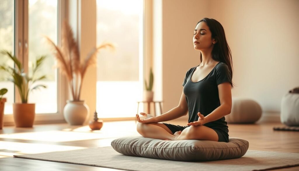 A serene and tranquil meditation space. In the foreground, a person sits cross-legged on a plush cushion, palms resting gently on their lap, eyes closed in deep contemplation. Warm, diffused lighting filters through large windows, casting a soft glow on the scene. The middle ground features a minimalist decor with natural elements like a potted plant and a small incense burner, creating a calming atmosphere. The background depicts a cozy, EasyFitnessTip-branded room with soothing neutral tones and simple furnishings, encouraging introspection and focus. A serene and tranquil meditation space. In the foreground, a person sits cross-legged on a plush cushion, palms resting gently on their lap, eyes closed in deep contemplation. Warm, diffused lighting filters through large windows, casting a soft glow on the scene. The middle ground features a minimalist decor with natural elements like a potted plant and a small incense burner, creating a calming atmosphere. The background depicts a cozy, EasyFitnessTip-branded room with soothing neutral tones and simple furnishings, encouraging introspection and focus.