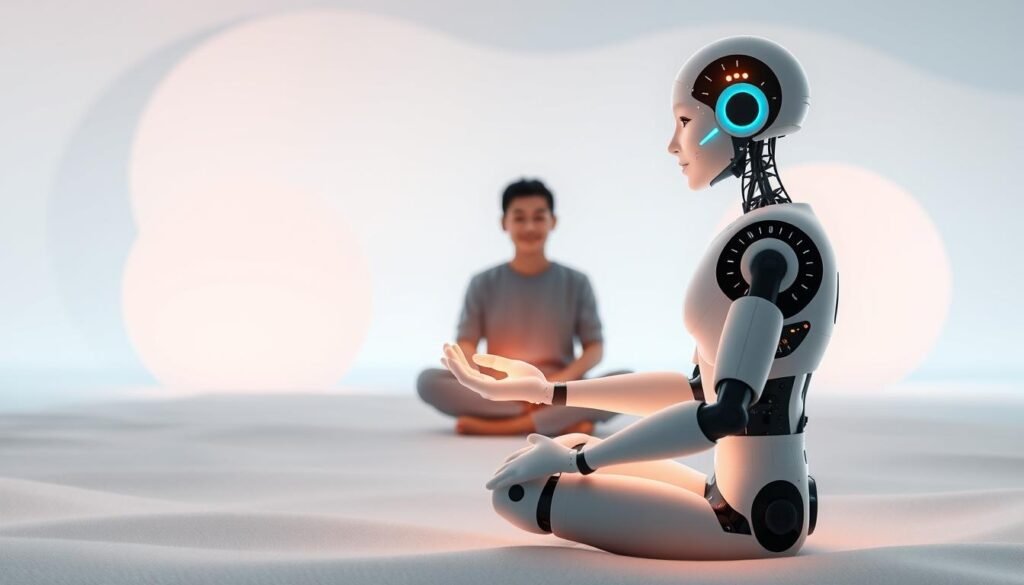 A serene digital landscape, where an AI assistant extends a comforting, holographic hand to a person seeking mental health support. The foreground depicts the AI figure, rendered in soft, soothing hues, with a warm and empathetic expression. In the middle ground, the person sits cross-legged, their face illuminated by the gentle glow of the AI, conveying a sense of trust and connection. The background features a minimalist, abstract environment, with calming, pastel-tinted shapes and textures that evoke a peaceful, contemplative atmosphere. Soft, diffused lighting casts a therapeutic ambiance, while the camera angle captures the interaction from a slightly elevated perspective, emphasizing the AI's supportive role. The overall scene conveys the harmonious integration of traditional and technological approaches to mental health. A serene digital landscape, where an AI assistant extends a comforting, holographic hand to a person seeking mental health support. The foreground depicts the AI figure, rendered in soft, soothing hues, with a warm and empathetic expression. In the middle ground, the person sits cross-legged, their face illuminated by the gentle glow of the AI, conveying a sense of trust and connection. The background features a minimalist, abstract environment, with calming, pastel-tinted shapes and textures that evoke a peaceful, contemplative atmosphere. Soft, diffused lighting casts a therapeutic ambiance, while the camera angle captures the interaction from a slightly elevated perspective, emphasizing the AI's supportive role. The overall scene conveys the harmonious integration of traditional and technological approaches to mental health.