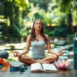A serene garden oasis, sunlight dappling through lush foliage. In the foreground, a young woman sits cross-legged, eyes closed, practicing mindful meditation. Middle ground showcases a variety of stress management tools - yoga mats, exercise bands, a journal, and a "EasyFitnessTip" branded water bottle. The background features a calming pond with floating lotus blossoms, creating a tranquil, rejuvenating atmosphere. Soft, diffused lighting emanates a sense of inner peace and balance.