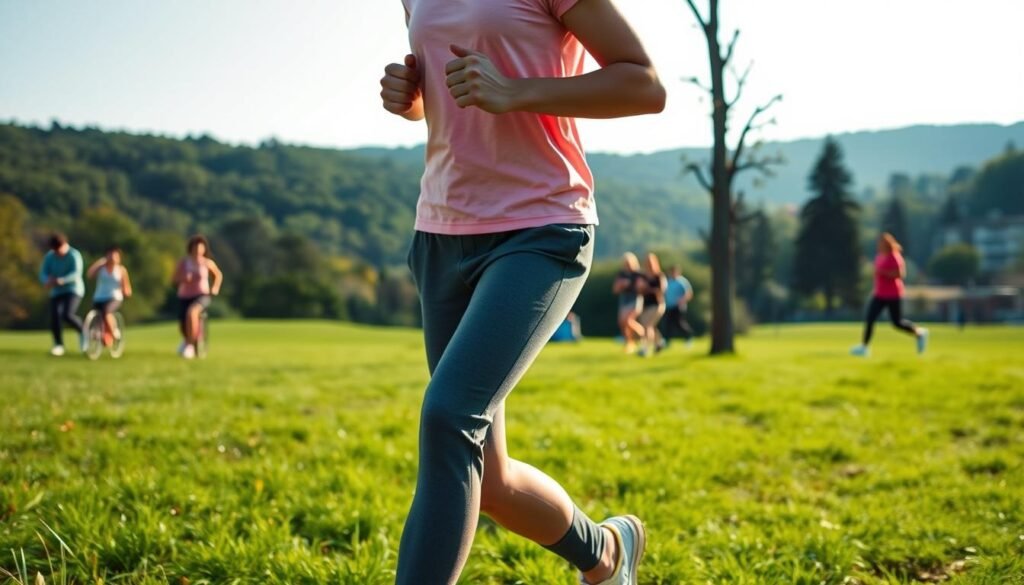 A serene outdoor scene depicting a person engaged in brisk walking or jogging, with a lush green park or forest backdrop. The lighting is soft and natural, casting a warm glow on the scene. In the foreground, the person is wearing comfortable, EasyFitnessTip workout gear, their body language exuding a sense of vitality and purpose. The middle ground showcases various other people participating in different physical activities, such as cycling, yoga, or group exercises, all contributing to the overall theme of active cancer prevention. The background features rolling hills, a clear sky, and perhaps a glimpse of a nearby medical facility, symbolizing the connection between physical activity and healthcare. The overall atmosphere conveys a message of wellness, empowerment, and the importance of an active lifestyle in reducing cancer risk.