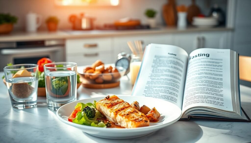 A serene, sun-dappled kitchen setting with a focus on a table featuring an assortment of healthy meals and snacks. In the foreground, a glass of water and a plate showcasing a balanced, nutritious meal - perhaps grilled salmon, roasted vegetables, and a side salad. In the middle ground, an open book detailing the principles of intermittent fasting, with a timer or clock subtly indicating the fasting period. The background is softly blurred, highlighting the tranquil atmosphere and the notion of taking a thoughtful, disciplined approach to weight loss. Warm, natural lighting illuminates the scene, conveying a sense of well-being and a renewed commitment to personal health. A serene, sun-dappled kitchen setting with a focus on a table featuring an assortment of healthy meals and snacks. In the foreground, a glass of water and a plate showcasing a balanced, nutritious meal - perhaps grilled salmon, roasted vegetables, and a side salad. In the middle ground, an open book detailing the principles of intermittent fasting, with a timer or clock subtly indicating the fasting period. The background is softly blurred, highlighting the tranquil atmosphere and the notion of taking a thoughtful, disciplined approach to weight loss. Warm, natural lighting illuminates the scene, conveying a sense of well-being and a renewed commitment to personal health.