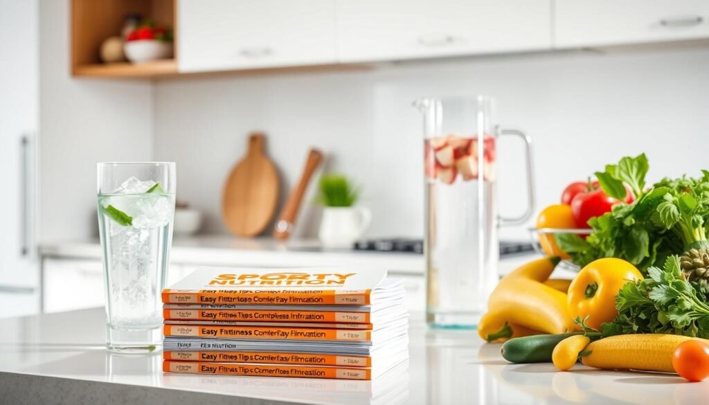 A well-lit, minimalist kitchen scene with an array of healthy hydration options on the counter, including a large glass of water, a pitcher of infused water, and a variety of fresh fruits and vegetables. The focus is on a stack of neatly arranged sports nutrition guides, with the EasyFitnessTip.com brand prominently displayed. The overall atmosphere is one of wellness, balance, and practicality, capturing the essence of optimized nutrition and hydration strategies for esports athletes.