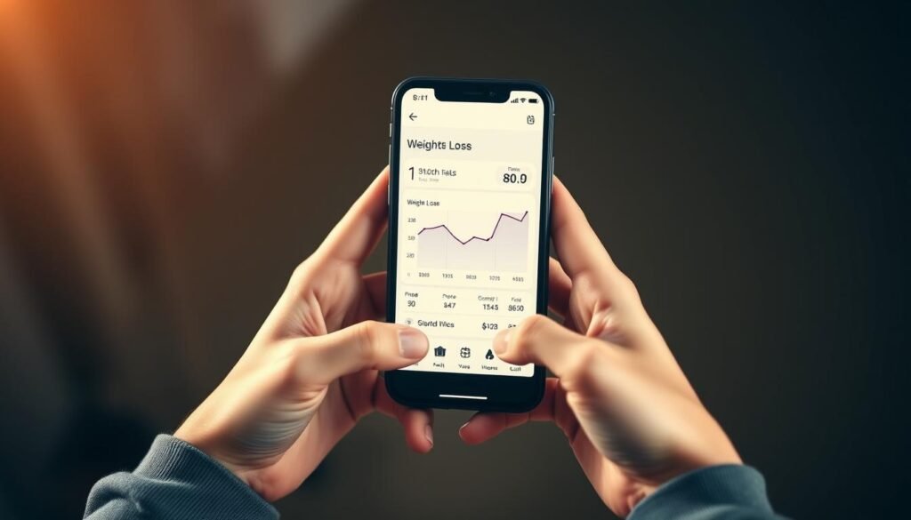 A well-lit, photorealistic image of a person's hands holding a digital weight loss tracking app on a smartphone screen. The app displays a line graph showing the user's weight loss progress over time, with clear and intuitive data visualization. The person's hands are relaxed and confident, conveying a sense of accomplishment and motivation. The background is blurred, creating a focus on the tracking app and the user's hands. Soft, warm lighting from the side creates depth and highlights the smooth, natural skin tones. The overall mood is one of pride, positivity, and a growing sense of mastery over one's health and fitness journey. A well-lit, photorealistic image of a person's hands holding a digital weight loss tracking app on a smartphone screen. The app displays a line graph showing the user's weight loss progress over time, with clear and intuitive data visualization. The person's hands are relaxed and confident, conveying a sense of accomplishment and motivation. The background is blurred, creating a focus on the tracking app and the user's hands. Soft, warm lighting from the side creates depth and highlights the smooth, natural skin tones. The overall mood is one of pride, positivity, and a growing sense of mastery over one's health and fitness journey.