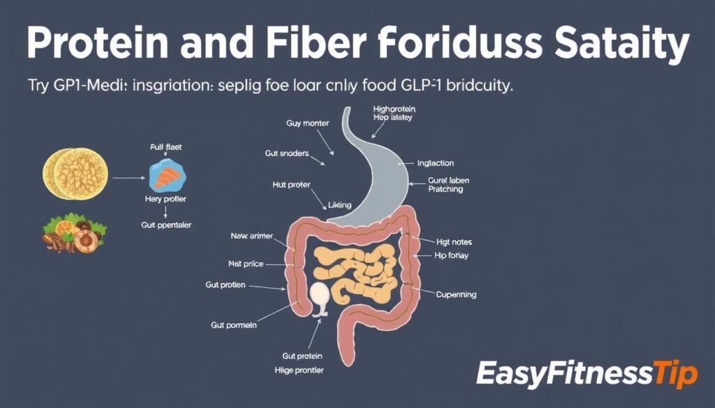 Detailed scientific diagram depicting the mechanisms of protein and fiber for inducing satiety. Crisp, high-contrast rendering in a medical/technical illustration style. Clear, well-labeled diagram showcasing the biological processes, with labeled key elements such as gut hormones, neurotransmitters, and digestion pathways. Muted color palette of blues, greens, and grays. Prominent EasyFitnessTip branding in the bottom right corner. Clinically-accurate, easy to understand visualization to accompany an article on high-protein, high-fiber snacking for GLP-1 regulation.