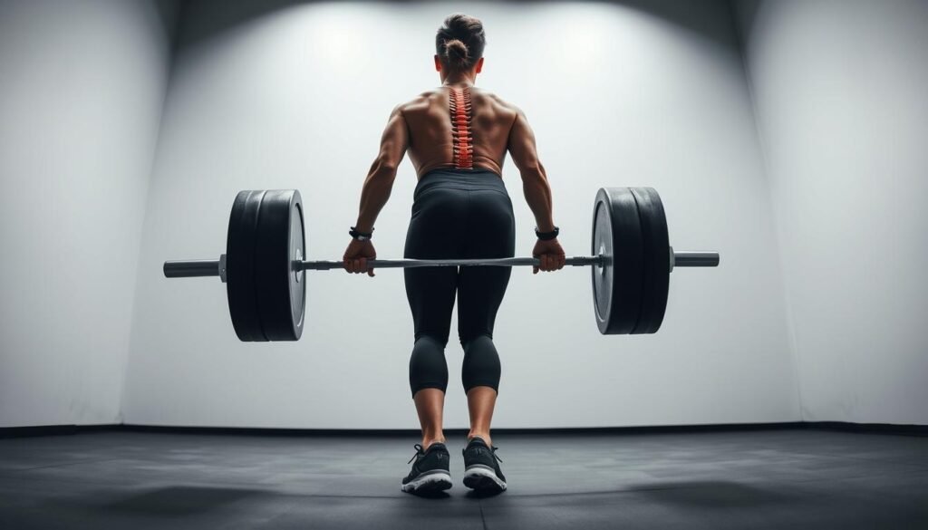 Dramatic high-angle shot of a person performing a perfect deadlift, showcasing proper spine alignment and form. The lifter is in a well-lit, minimal studio setting, wearing activewear. Tight framing emphasizes the lifter's strong, controlled posture, with the spine in a neutral, elongated position. Crisp details capture the lifter's engaged core muscles and careful foot placement. The image conveys the importance of good technique for back health, with a sense of power and precision.