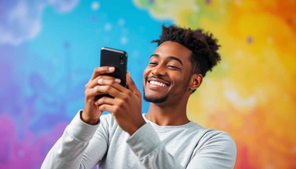 Generate an image of a person using the Moodfit app on their smartphone, with a background that represents mental wellbeing and fitness.