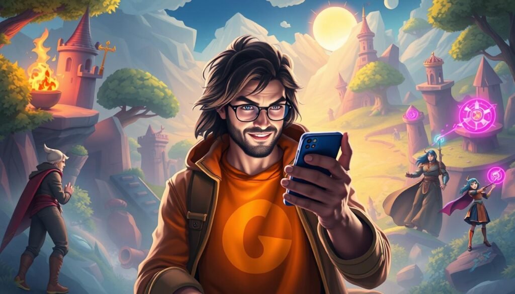 Generate an image of a person using the SuperBetter app on their smartphone, with a background that resembles a game landscape, complete with quests, power-ups, and allies.