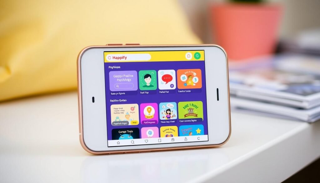 Generate an image of the Happify app interface on a mobile device, showing various positive psychology-based games and activities.