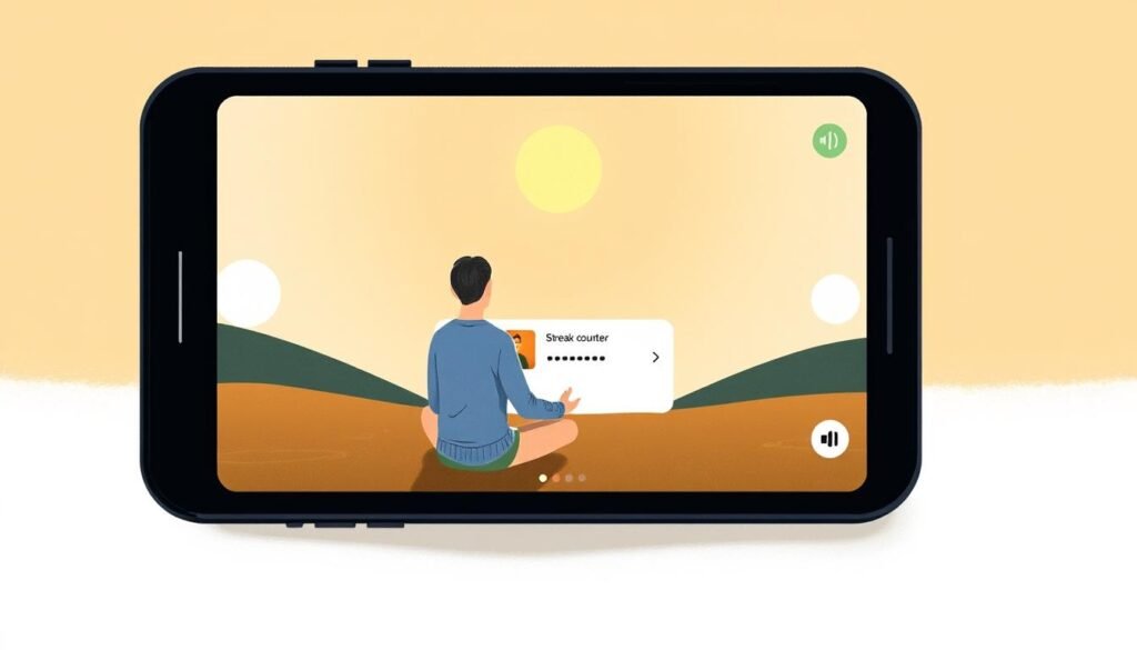 Generate an image of the Headspace app interface on a mobile device, showing a user in the process of completing a meditation session with a streak counter visible.