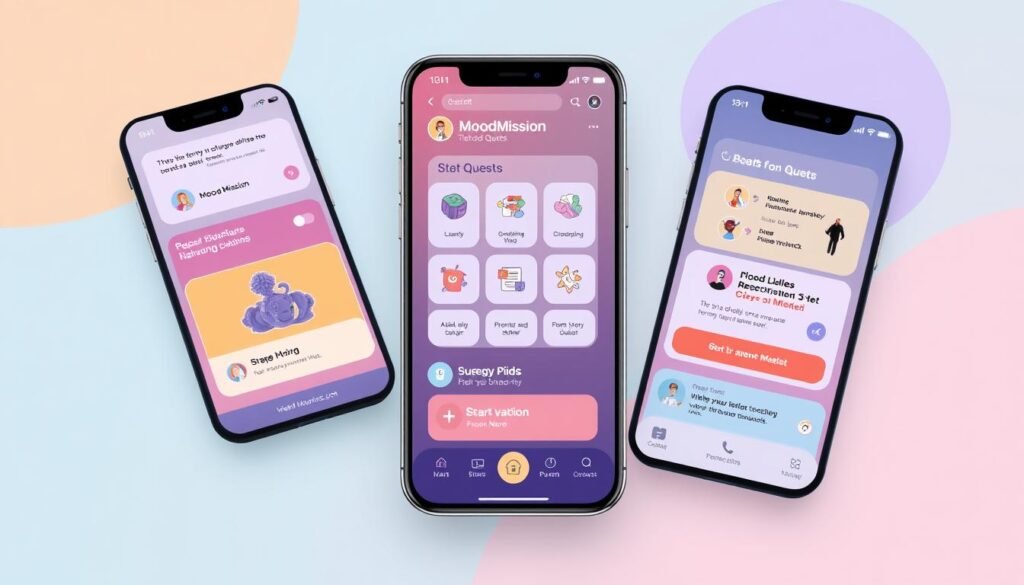 Generate an image of the MoodMission app interface showing various AI-powered quests.