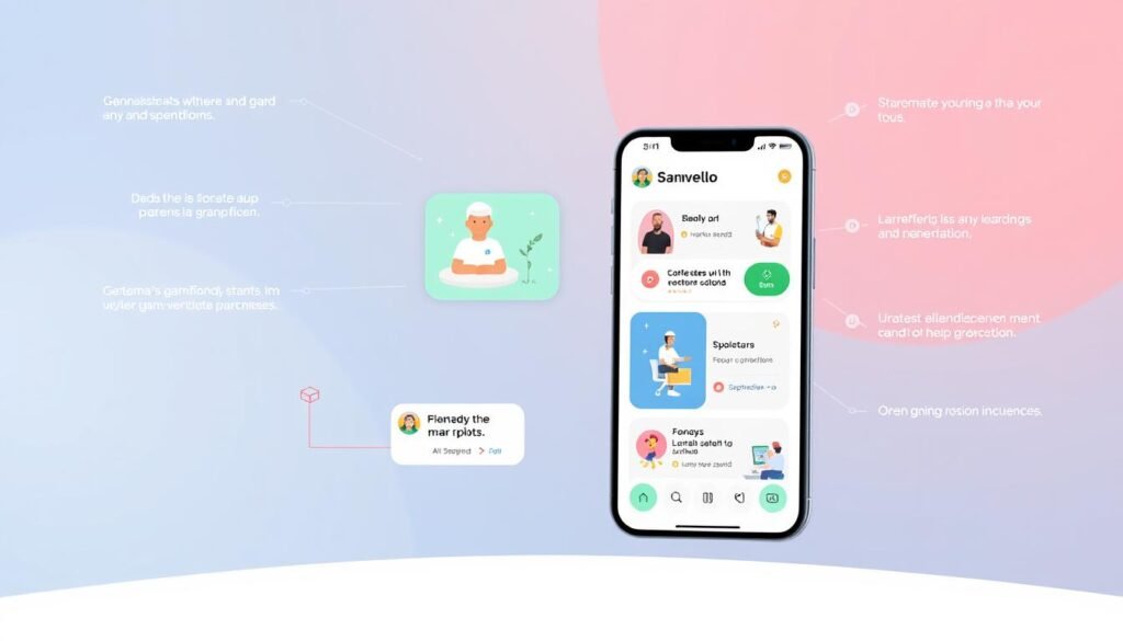 Generate an image representing the Sanvello app interface, highlighting its gamification elements and user-friendly design.