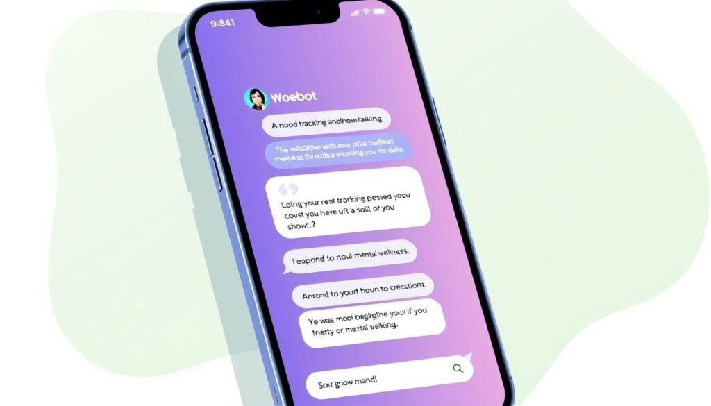 Image of Woebot's chatbot interface on a mobile device, showing a conversation about mood tracking.