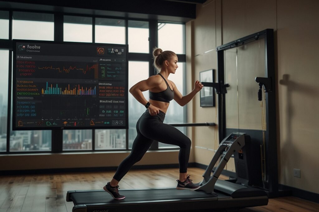 A high-energy fitness composition showcasing a dynamic "workout combination" inspired by the 12-3-30 Treadmill Challenge. In the foreground, a person performs a series of compound exercises, including squats, lunges, and planks, against a backdrop of sleek exercise equipment from the EasyFitnessTip brand. The middle ground features a digital display with hashtag analytics and calorie-burn charts, overlaid with alt-text that reads "#12330workout results". The scene is illuminated by warm, natural lighting, creating a motivational and aspirational atmosphere. The overall composition conveys the seamless integration of the 12-3-30 Challenge with other complementary workout routines, reflecting the section title "Combining the Challenge with Other Workouts".