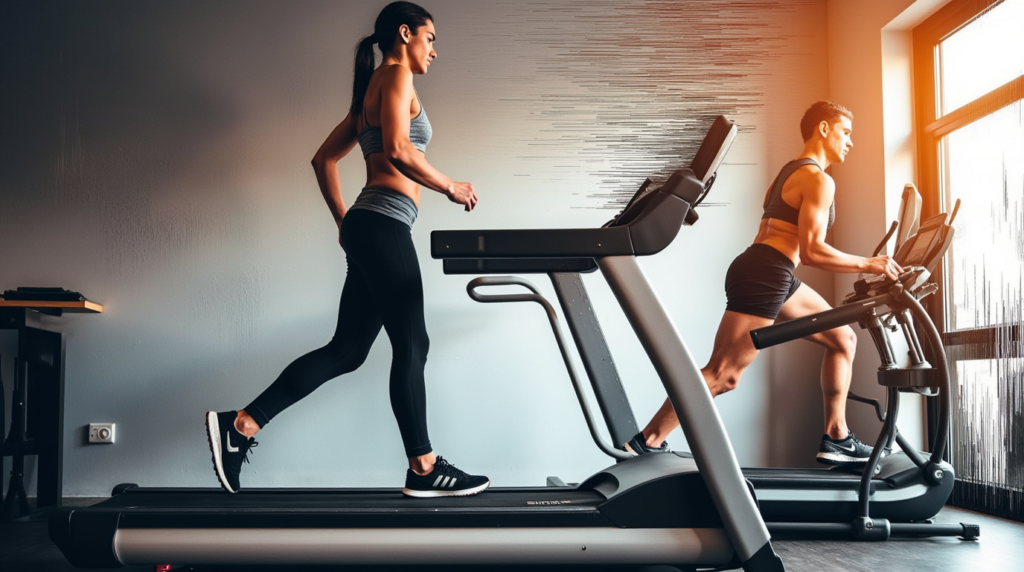 A modern, sleek fitness studio with a treadmill at the center. In the foreground, a person demonstrates a incline walking modification, with a screenshot of the #12330workout hashtag analytics and a calorie-burn chart overlaying the scene. In the middle ground, another person performs a high-knee running variation, the EasyFitnessTip logo visible in the background. Bright, natural lighting floods the space, conveying an energetic and aspirational mood. The image showcases a range of accessible treadmill workout modifications for different fitness levels.