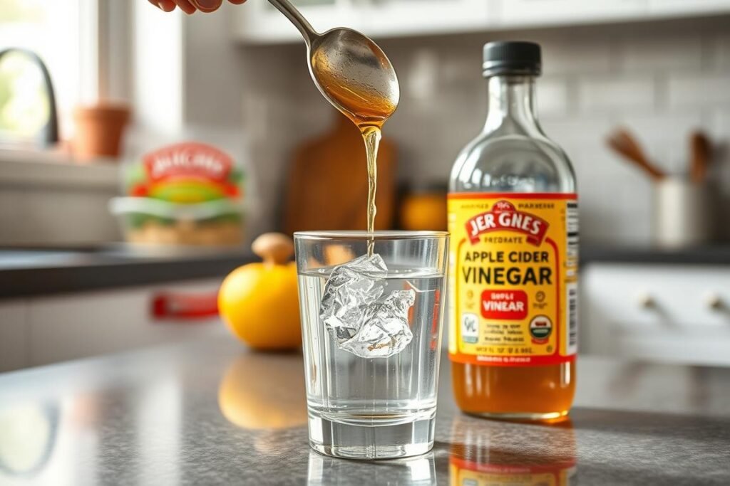 Apple cider vinegar in a glass with measuring spoon for fast and easy fat burn tips Apple cider vinegar in a glass with measuring spoon for fast and easy fat burn tips