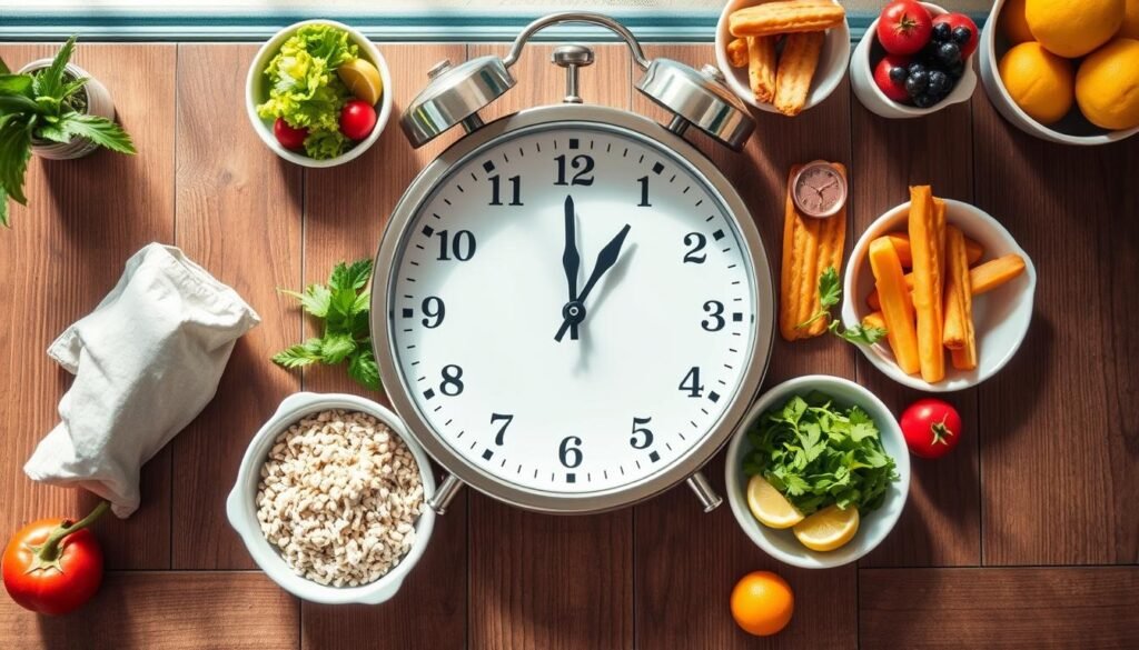 Clock showing meal timing windows with healthy food for fast and easy fat burn tips Clock showing meal timing windows with healthy food for fast and easy fat burn tips