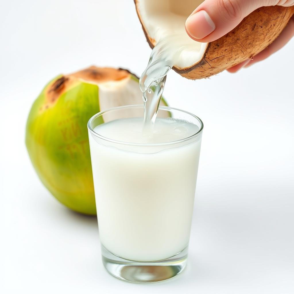 Fresh coconut water being poured into glass Fresh coconut water being poured into glass