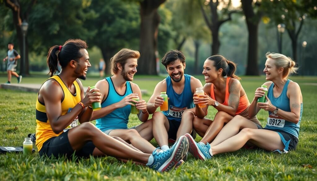 Group of runners sharing natural post-workout drinks after training Group of runners sharing natural post-workout drinks after training