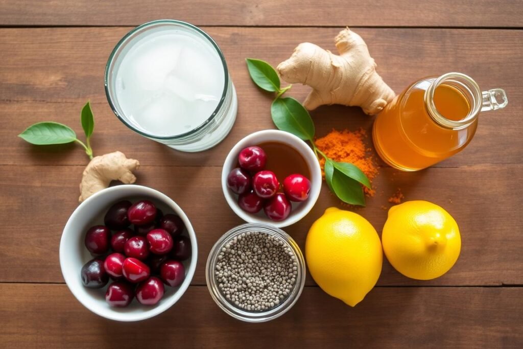 Ingredients for natural post-workout drink for runners laid out on table Ingredients for natural post-workout drink for runners laid out on table