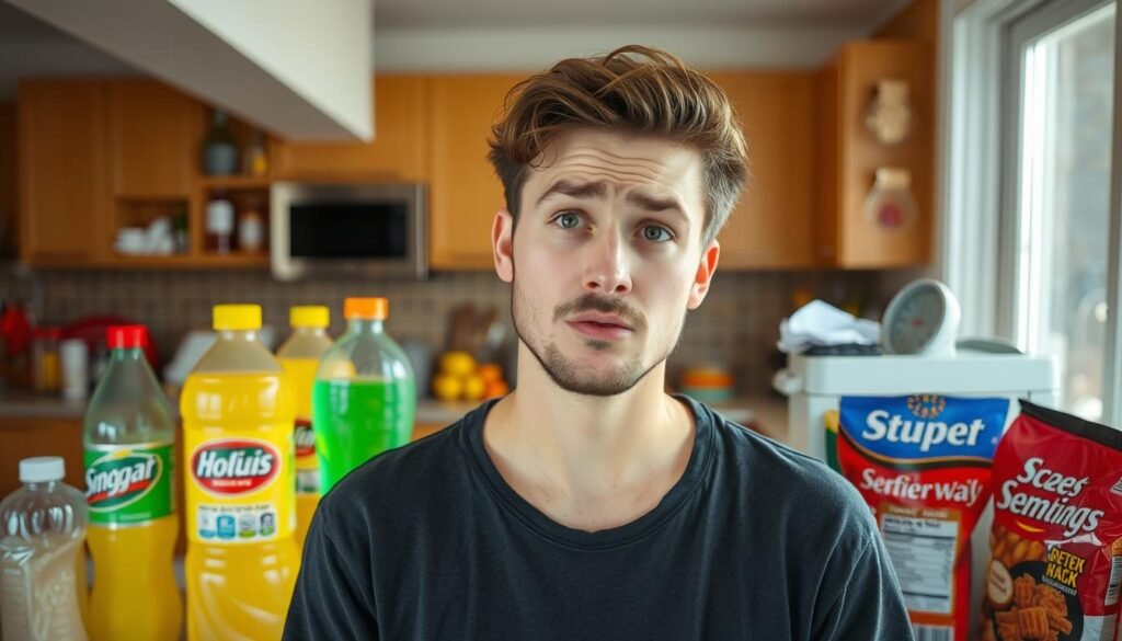 Person making common diet mistakes with sugary drinks and processed foods for fast and easy fat burn tips Person making common diet mistakes with sugary drinks and processed foods for fast and easy fat burn tips