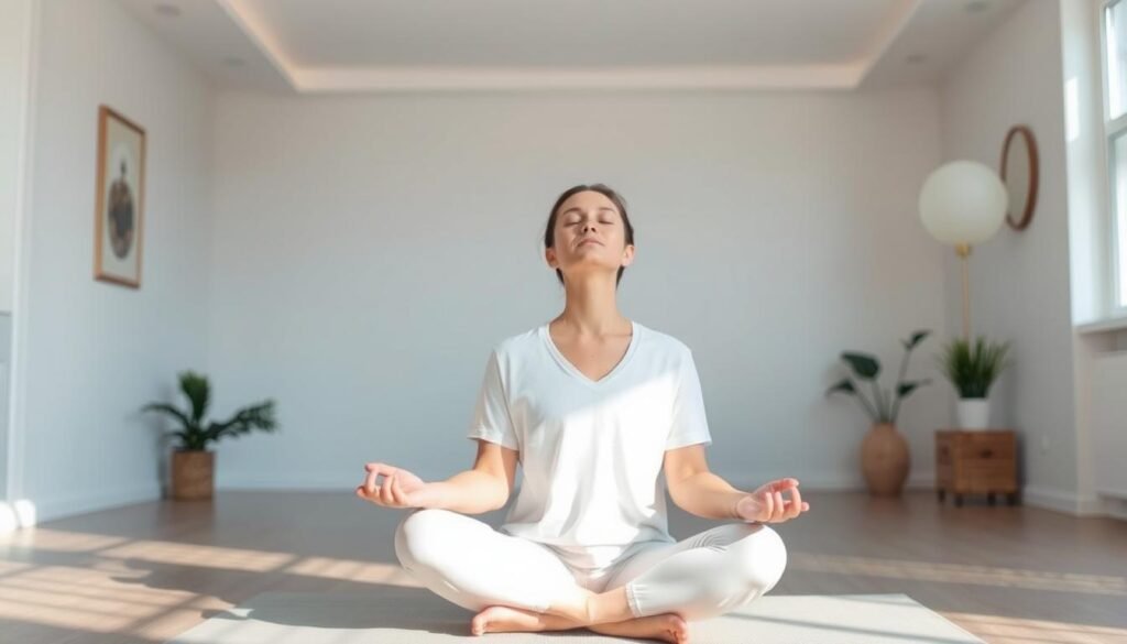 Person practicing deep breathing meditation Person practicing deep breathing meditation