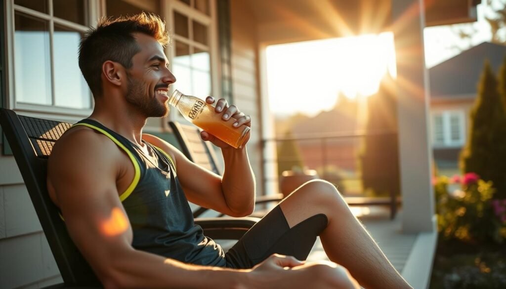 Runner enjoying natural post-workout drink after training Runner enjoying natural post-workout drink after training
