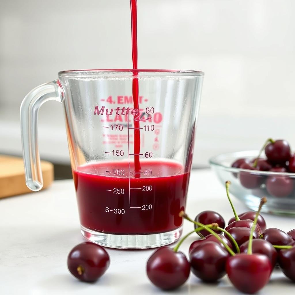 Tart cherry juice in measuring cup Tart cherry juice in measuring cup
